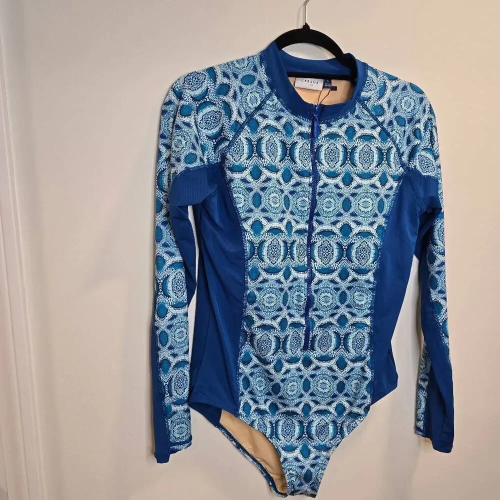 Cabana Life Womens Large Blue Long Raglan Sleeve Rash Guard Swimsuit - One Piece